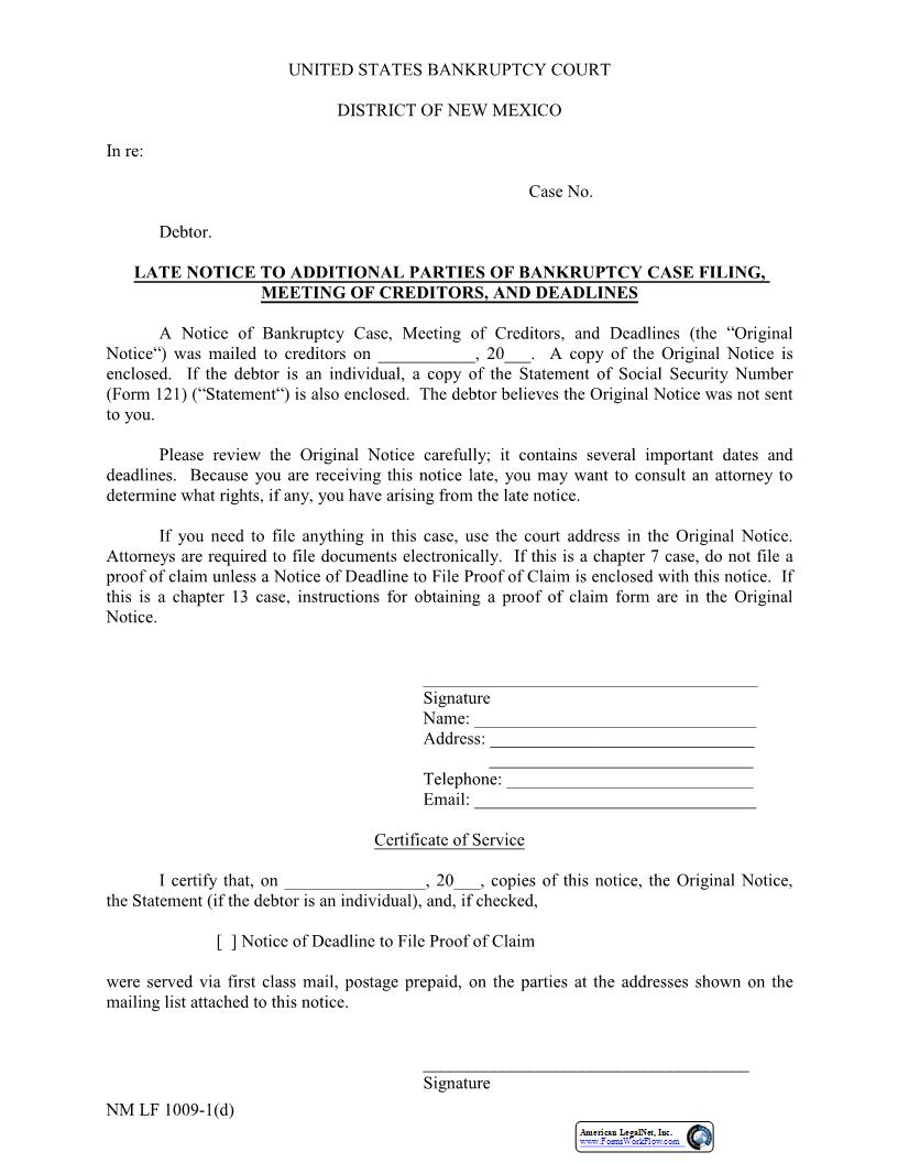 Late Notice To Additional Parties Of Bankruptcy Case Filing {1009-1(d)} | Pdf Fpdf Docx | New Mexico