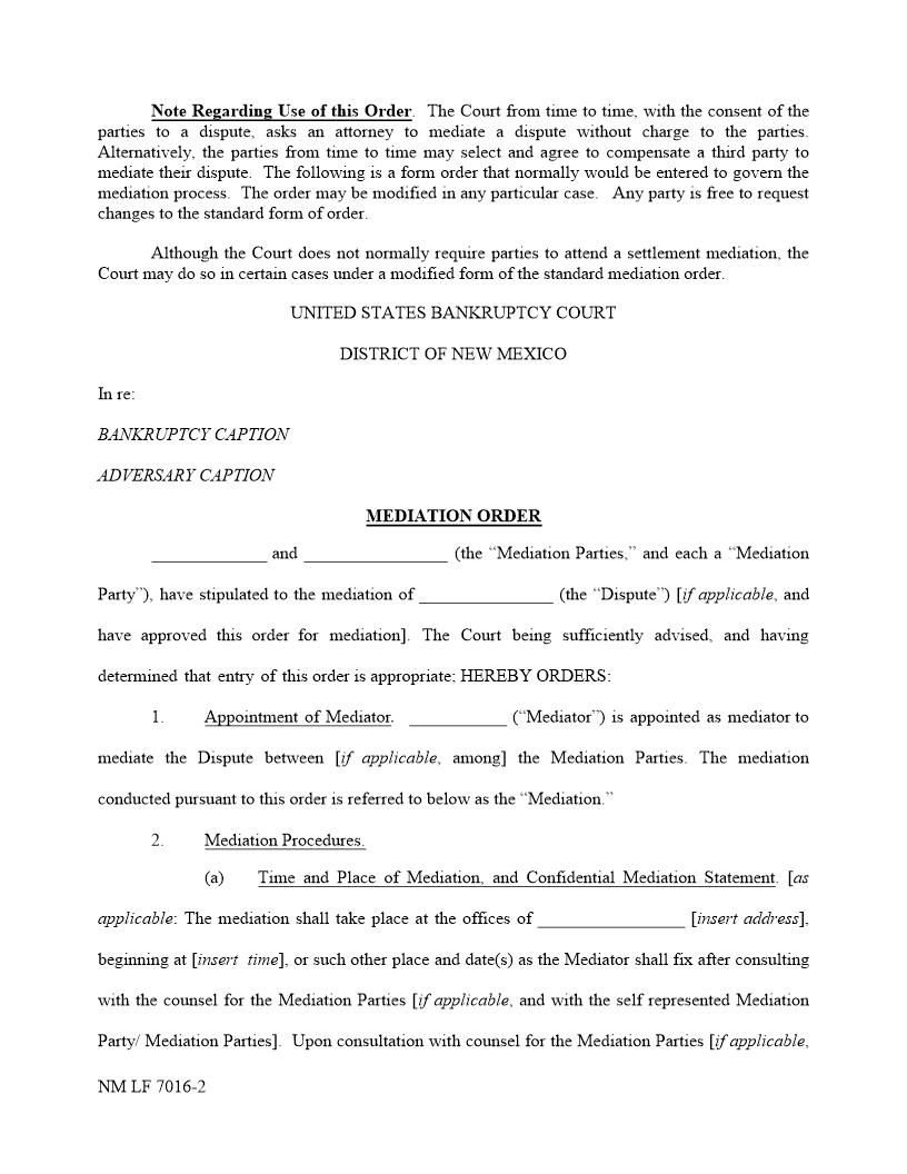 Mediation Order {NM LF 7016-2} | Pdf Fpdf Docx | New Mexico