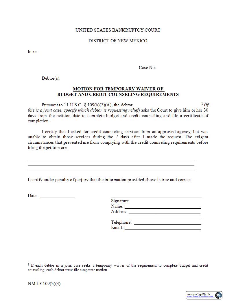 Motion For Temp Waiver Of Credit Counseling {NM LF 109(h)(3)} | Pdf Fpdf Docx | New Mexico