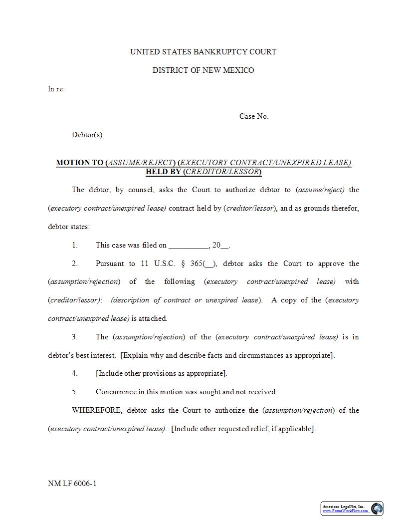 Motion To Assume Or Reject Contract Or Lease {NM LF 6006-1}  | Pdf Fpdf Docx | New Mexico