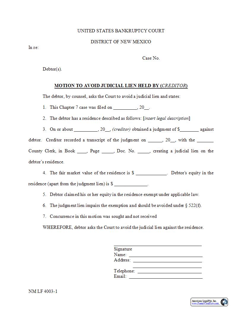 Motion To Avoid Judicial Lien {NM LF 4003-1} | Pdf Fpdf Docx | New Mexico
