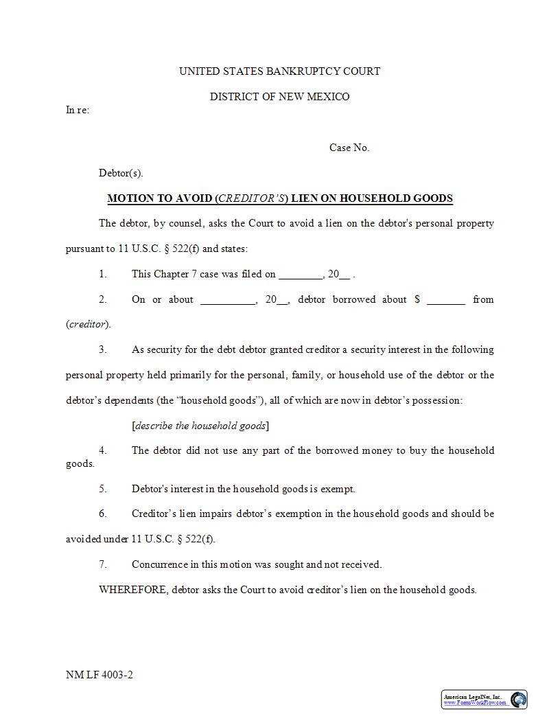 Motion To Avoid Lien On Household Goods {NM LF 4003-2} | Pdf Fpdf Docx | New Mexico