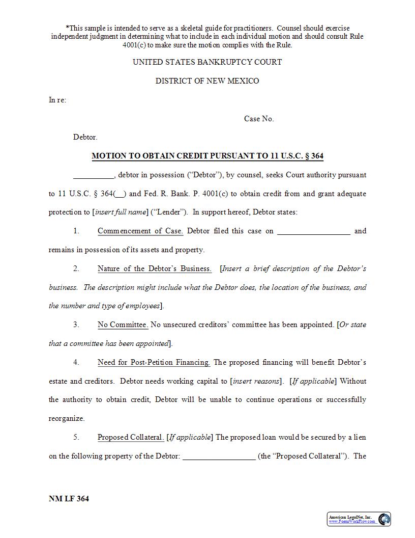 Motion To Obtain Credit {NM LF 364} | Pdf Fpdf Docx | New Mexico