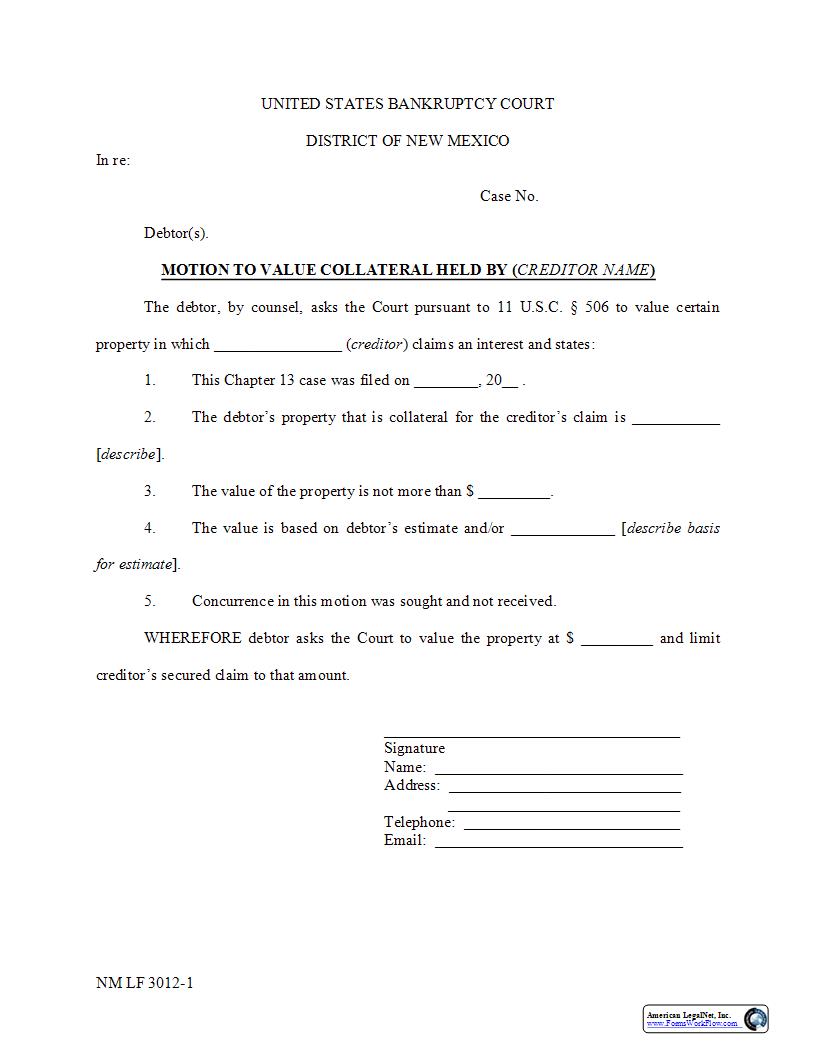 Motion To Value Collateral {NM LF 3012-1} | Pdf Fpdf Docx | New Mexico