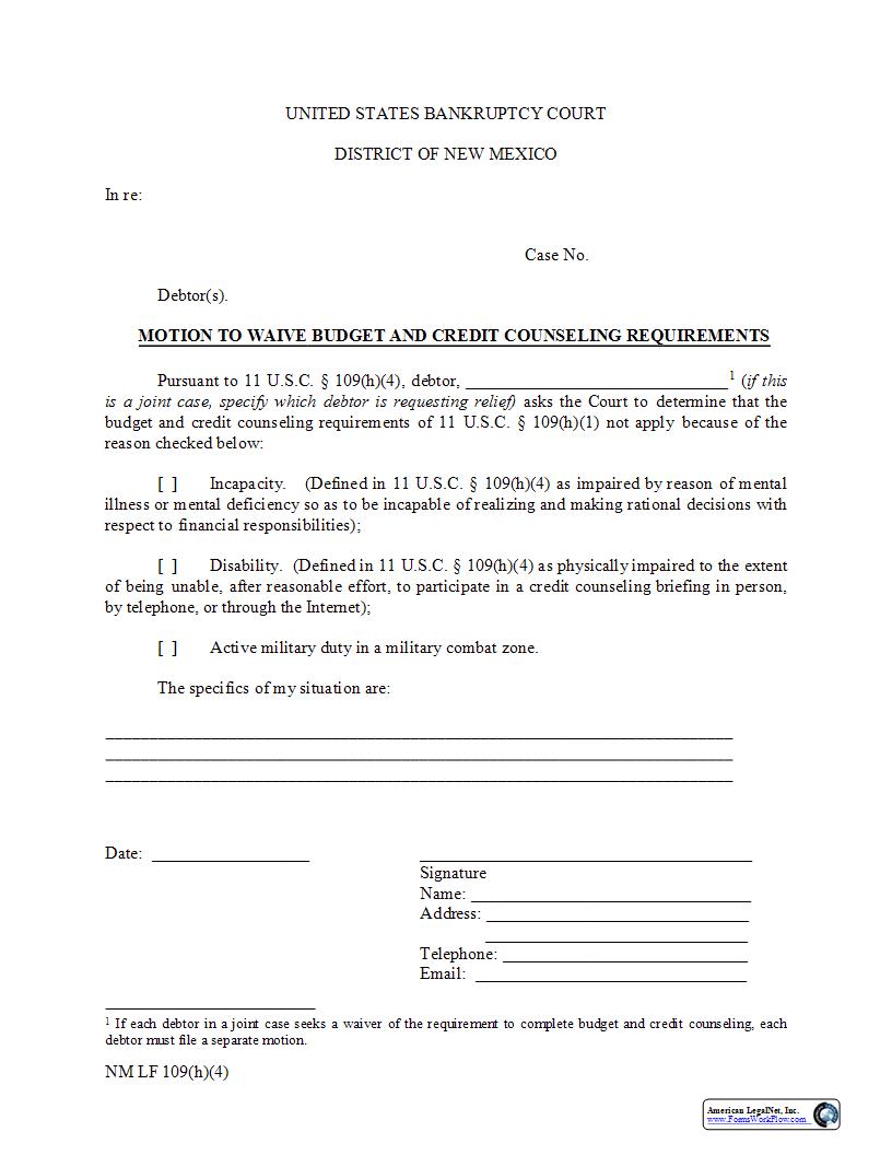Motion To Waive Credit Counseling {NM LF 109(h)(4)} | Pdf Fpdf Docx | New Mexico