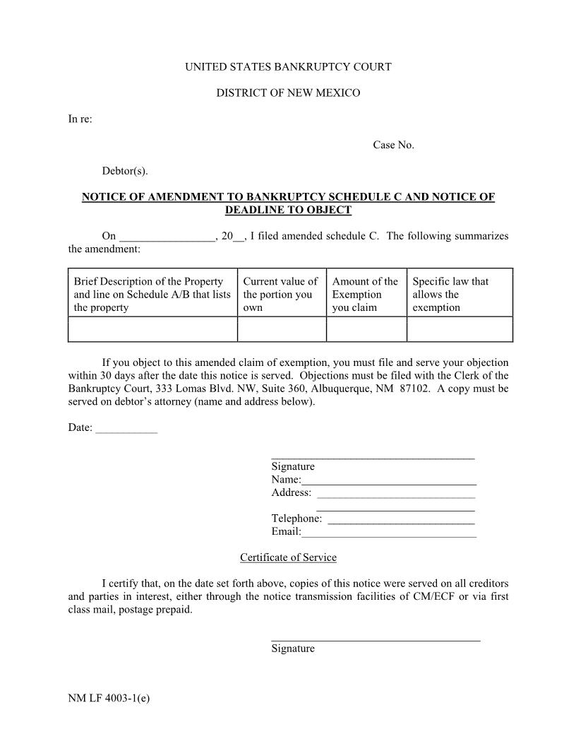 Notice Of Amendment To Bankruptcy Schedule C {4003-1(e)} | Pdf Fpdf Doc Docx | New Mexico