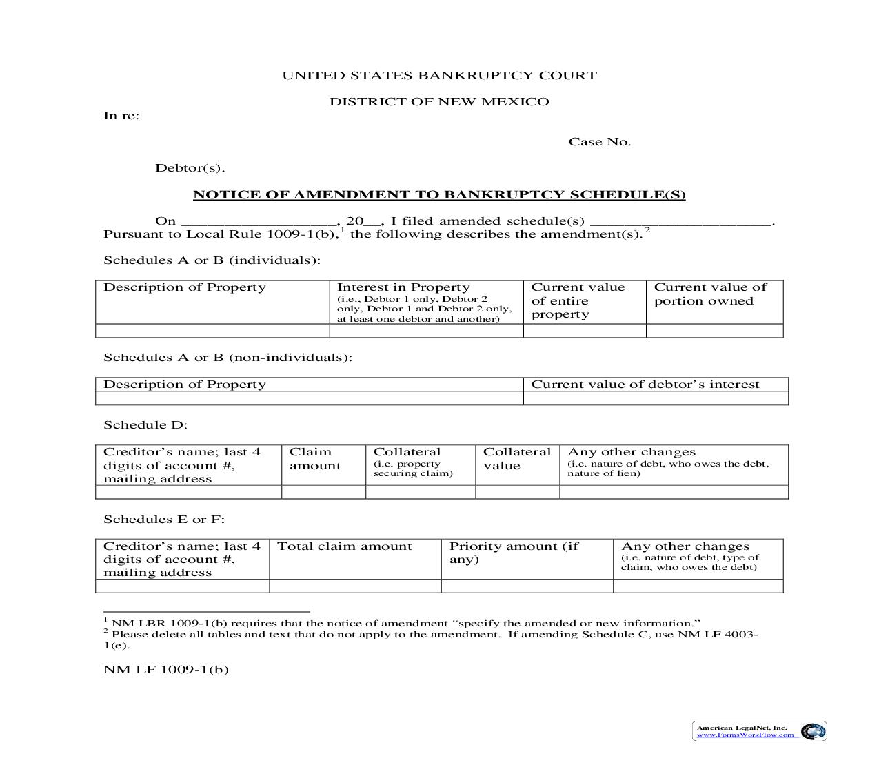Notice Of Amendment to Bankruptcy Schedule {1009-1(b)} | Pdf Fpdf Doc Docx | New Mexico