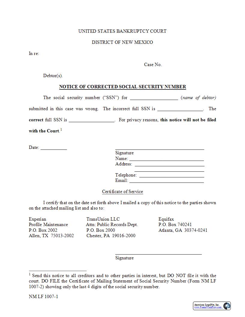 Notice Of Corrected SSN {NM LF 1007-1} | Pdf Fpdf Docx | New Mexico