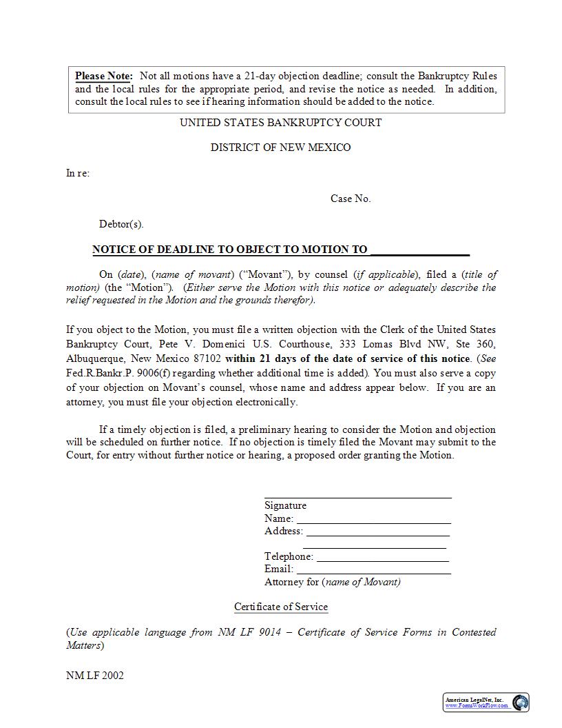 Notice Of Deadline To Object {NM LF 2002} | Pdf Fpdf Docx | New Mexico