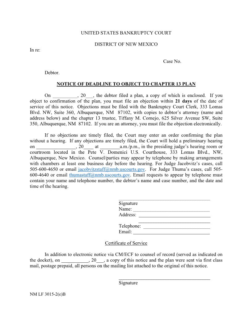 Notice Of Deadline To Object To Chapter 13 Plan After Petition {NM LF 3015-2(e)B} | Pdf Fpdf Docx | New Mexico
