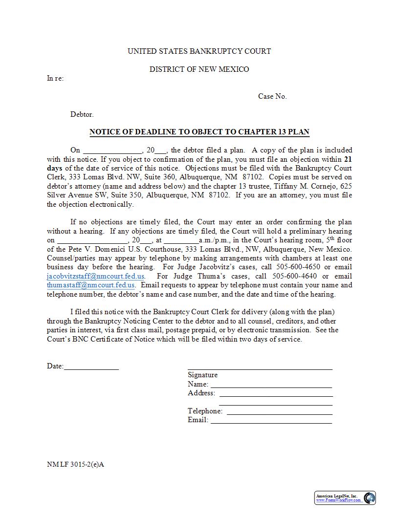 Notice Of Deadline To Object To Chapter 13 Plan With Petition {NM LF 3015-2(e)A} | Pdf Fpdf Docx | New Mexico