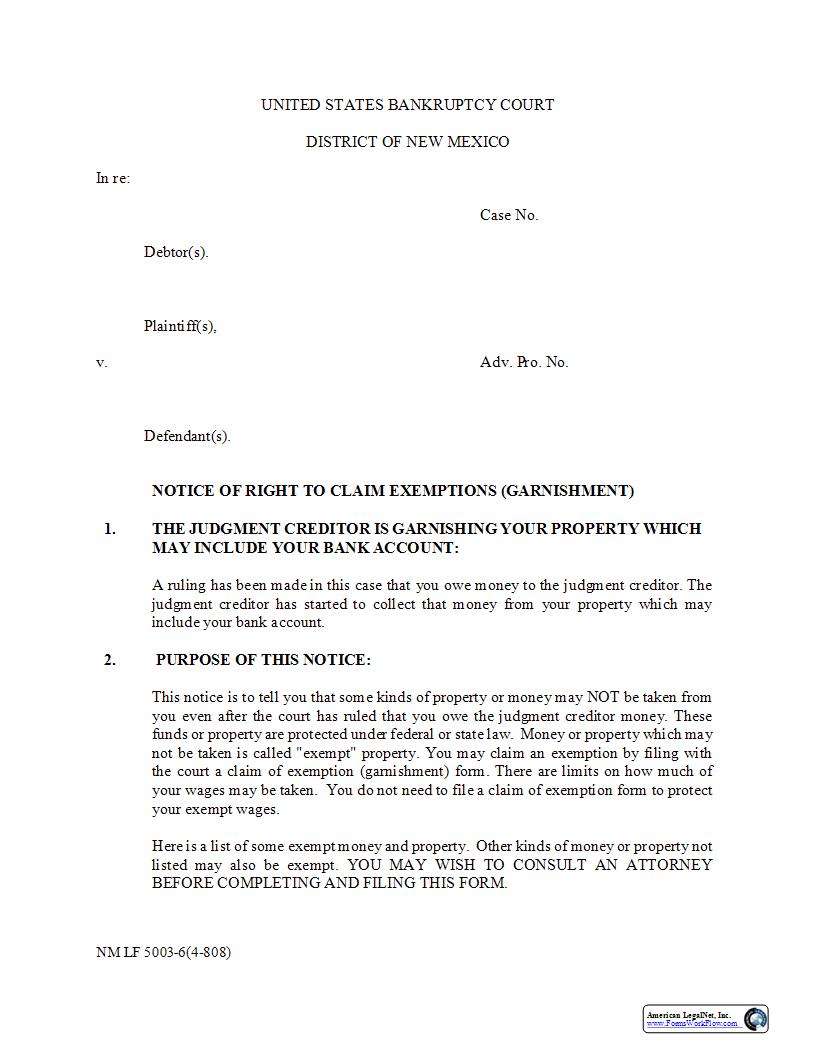 Notice Of Right To Claim Exemption From Garnishment {NM LF 5003-6} | Pdf Fpdf Docx | New Mexico