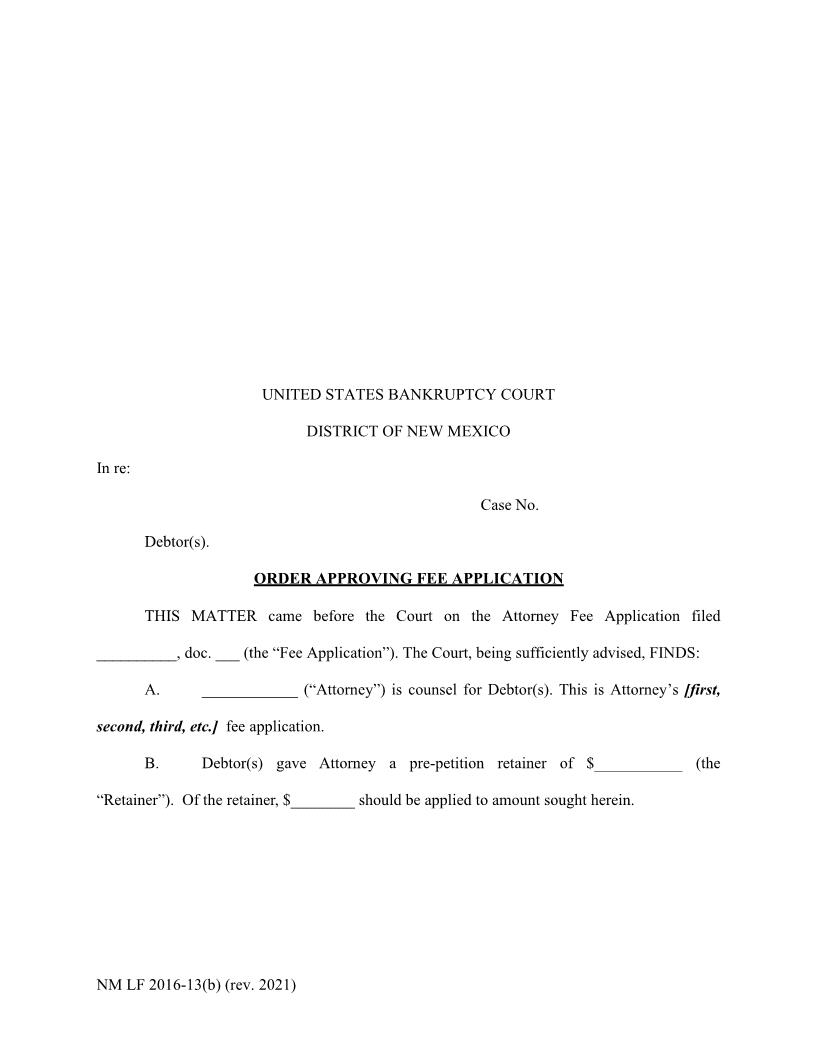 Order Approving Fee Application {NM LF 2016-13(b)} | Pdf Fpdf Docx | New Mexico