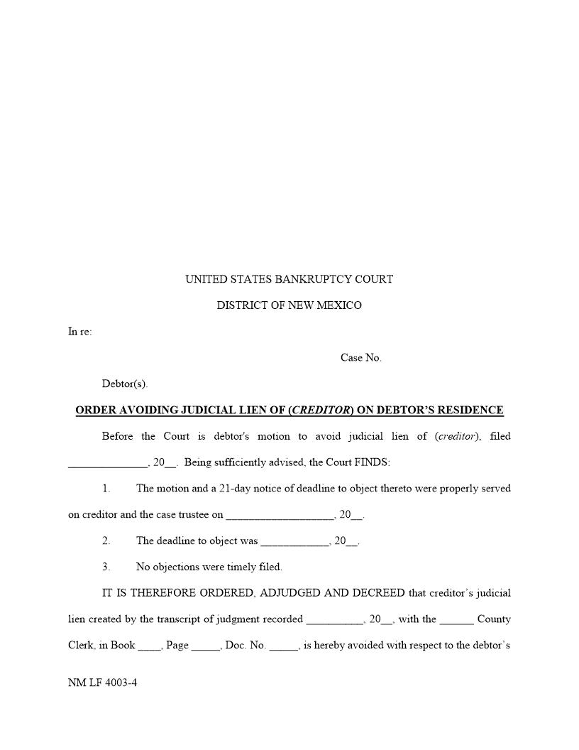 Order Avoiding Judicial Lien On Debtors Residence {NM LF 4003-4} | Pdf Fpdf Docx | New Mexico