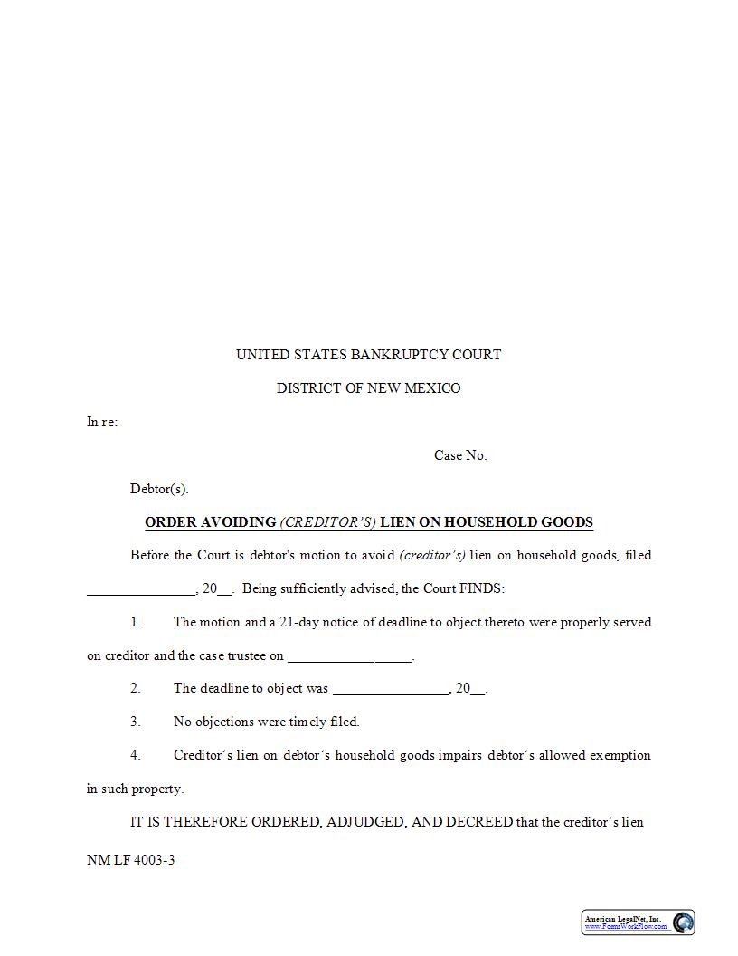 Order Avoiding Lien On Household Goods {NM LF 4003-3} | Pdf Fpdf Docx | New Mexico
