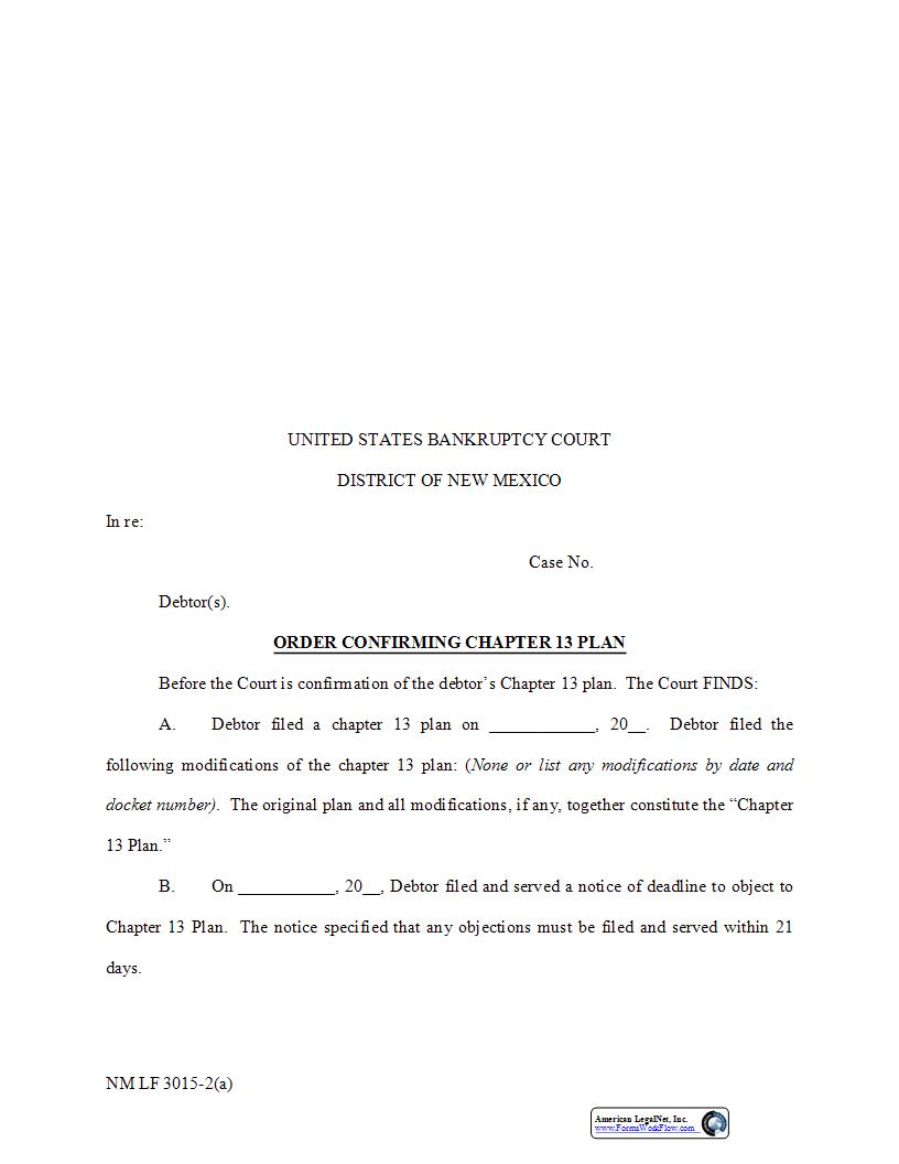 Order Confirming Chapter 13 Plan {NM LF 3015-2a} | Pdf Fpdf Docx | New Mexico