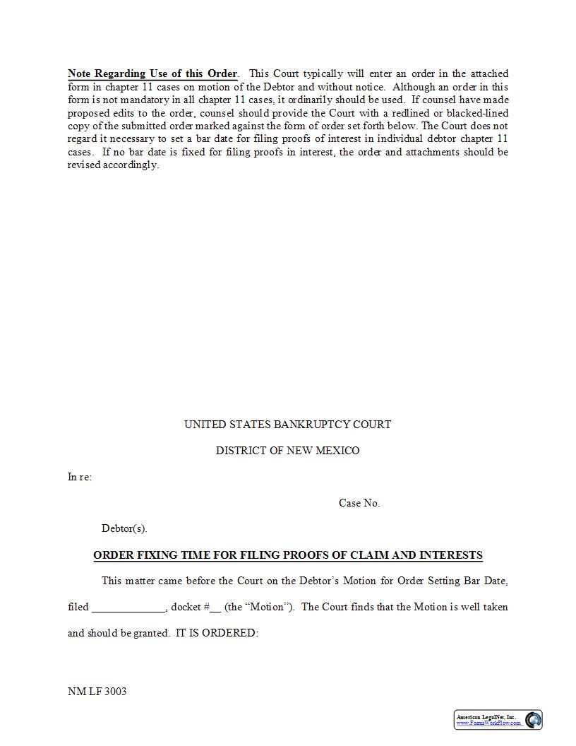 Order Fixing Time For Filing Proofs Of Claim {NM LF 3003} | Pdf Fpdf Docx | New Mexico