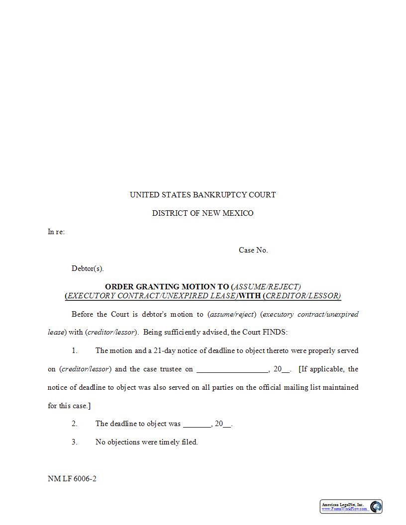 Order Granting Motion On Contract Or Lease {NM LF 6006-2} | Pdf Fpdf Docx | New Mexico