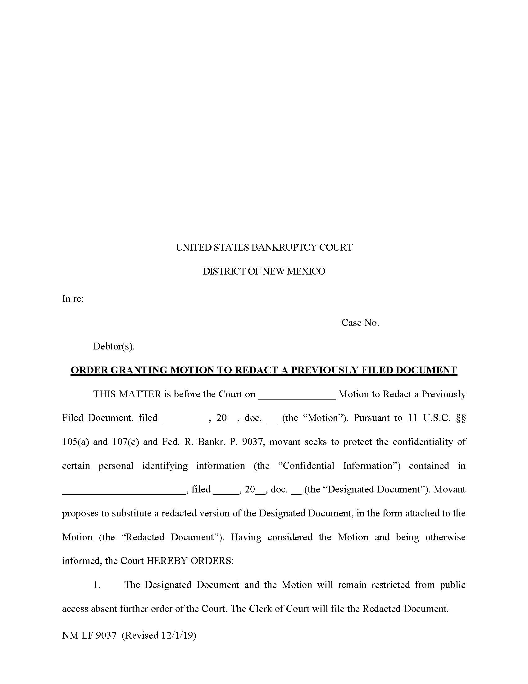 Order Granting Motion To Redact Previously Filed Document {NM LF 9037} | Pdf Fpdf Docx | New Mexico