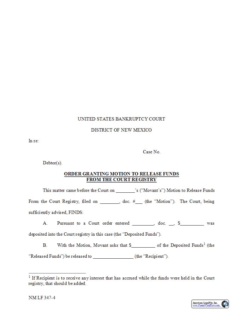 Order Granting Motion To Release Funds {NM LF 347-4} | Pdf Fpdf Docx | New Mexico