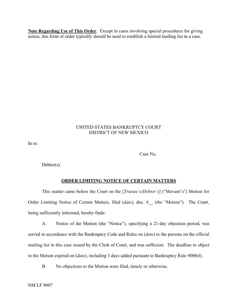 Order Limiting Notice Of Certain Matters {NM LF 9007} | Pdf Fpdf Docx | New Mexico