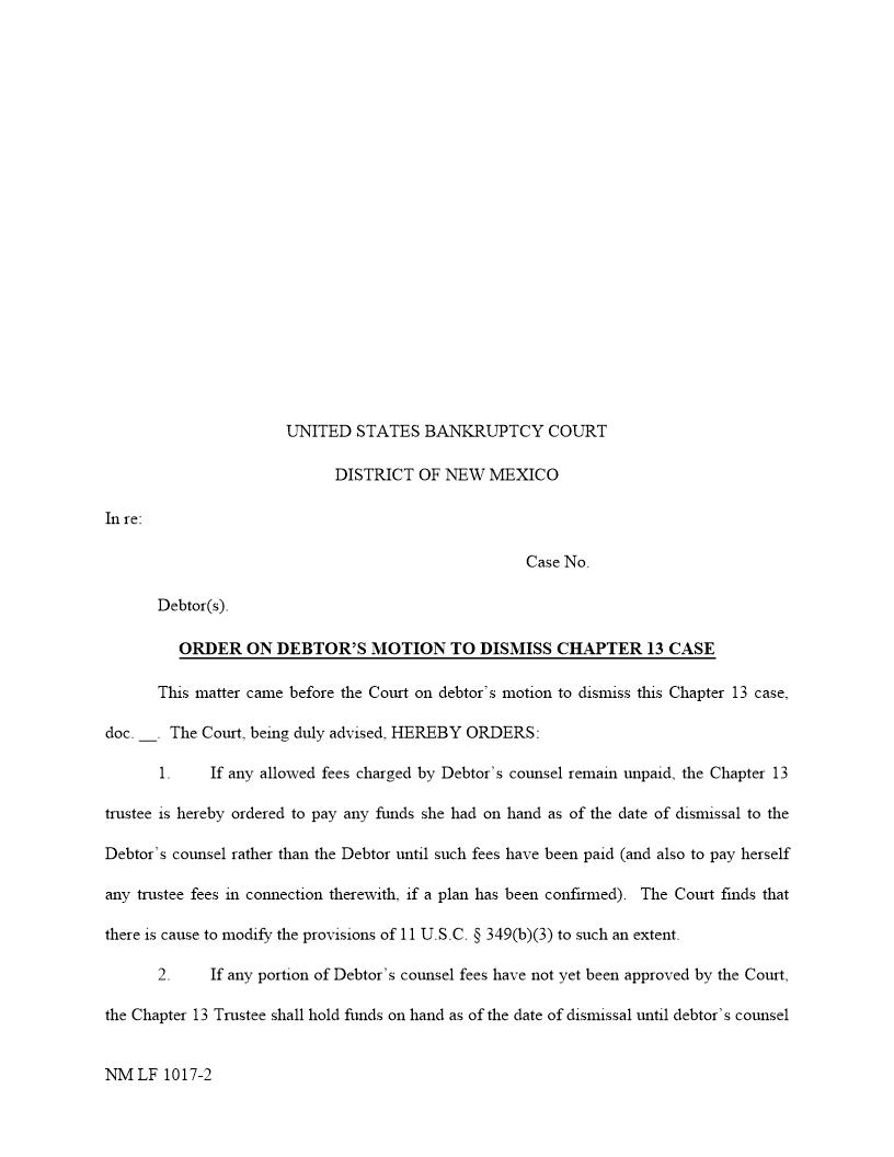 Order On Debtors Motion To Dismiss CH 13 {NM LF 1017-2} | Pdf Fpdf Docx | New Mexico