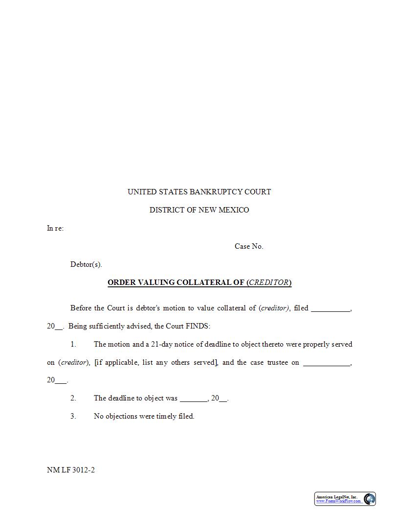 Order Valuing Collateral {NM LF 3012-2} | Pdf Fpdf Docx | New Mexico