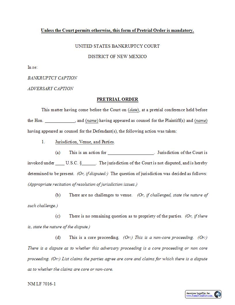 Pretrial Order {NM LF 7016-1} | Pdf Fpdf Docx | New Mexico