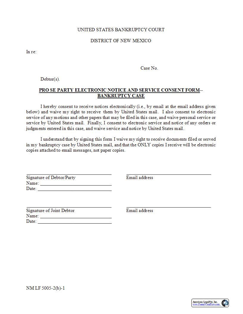 Pro Se Electronic Service Consent {NM LF 5005-2(b)-1} | Pdf Fpdf Docx | New Mexico