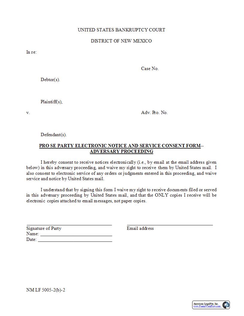 Pro Se Electronic Service Consent Adversary {NM LF 5005-2(b)-2} | Pdf Fpdf Docx | New Mexico