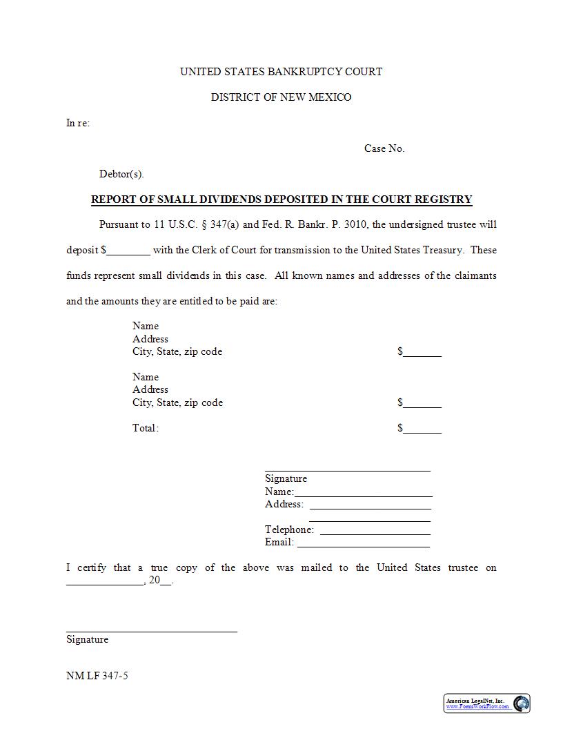 Report Of Small Dividends Deposited {NM LF 347-5} | Pdf Fpdf Docx | New Mexico