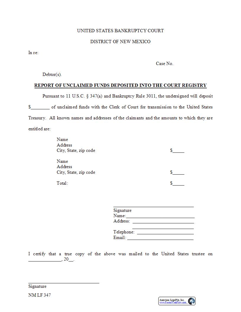 Report Of Unclaimed Funds {NM LF 347} | Pdf Fpdf Docx | New Mexico