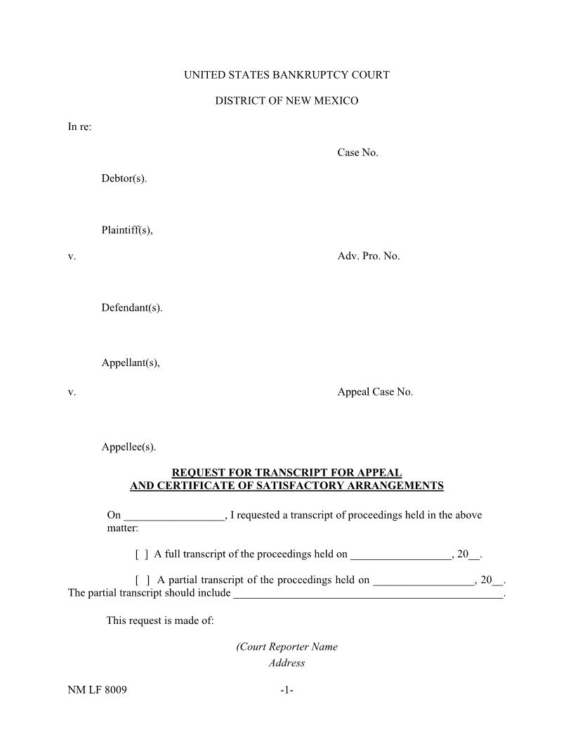 Request For Transcript For Appeal {NM LF 8009} | Pdf Fpdf Docx | New Mexico