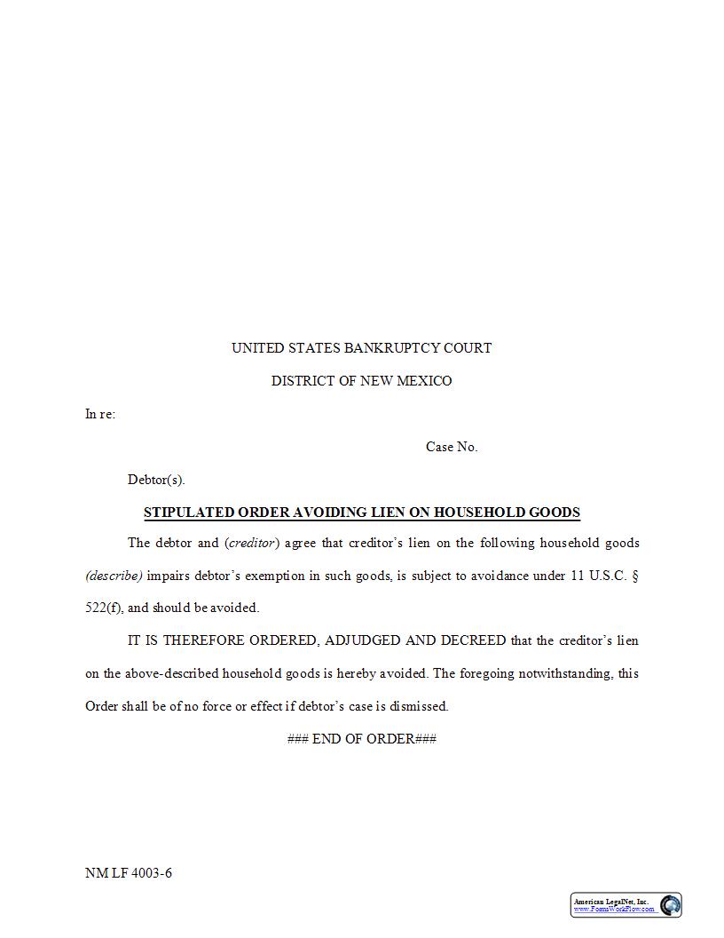 Stipulated Order Avoiding Lien On Household Goods {NM LF 4003-6} | Pdf Fpdf Docx | New Mexico