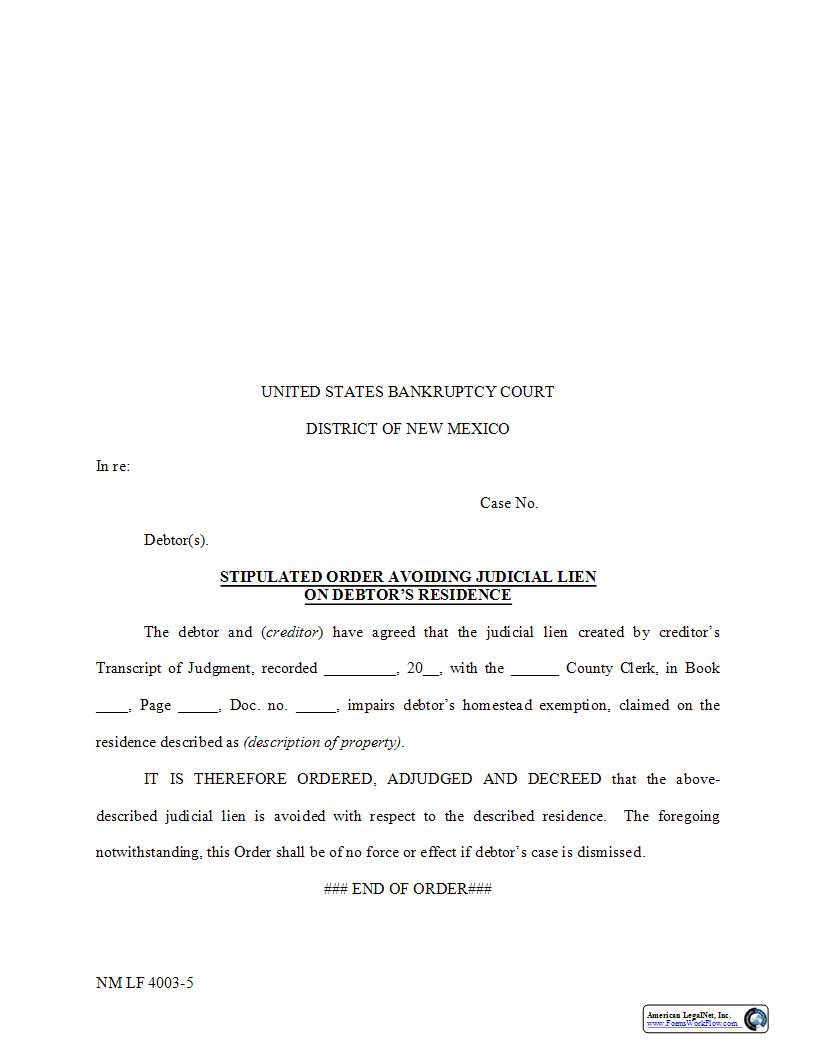 Stipulated Order Avoiding Lien On Residence {NM LF 4003-5} | Pdf Fpdf Docx | New Mexico