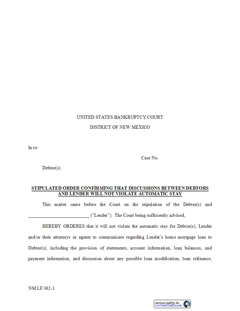 Stipulated Order Confirming Confirming Discussions {NM LF 362-1} | Pdf Fpdf Docx | New Mexico