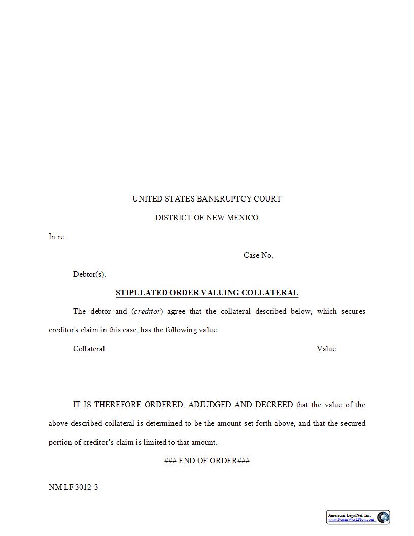 Stipulated Order Valuing Collateral {NM LF 3012-3} | Pdf Fpdf Docx | New Mexico