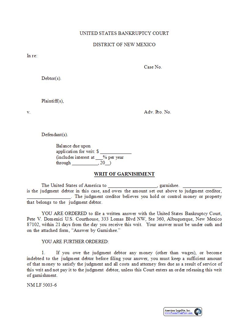 Writ Of Garnishment {NM LF 5003-6} | Pdf Fpdf Docx | New Mexico