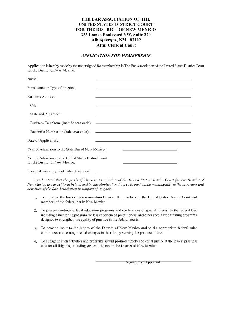 Application For Membership (In Bar Association) | Pdf Fpdf Docx | New Mexico