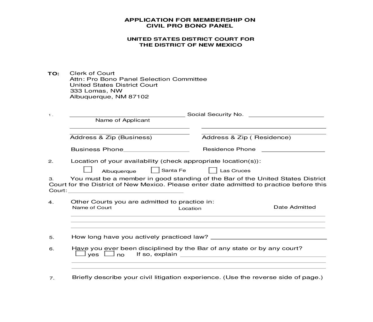 Application For Membership On Civil Pro Bono Panel | Pdf Fpdf Doc Docx | New Mexico