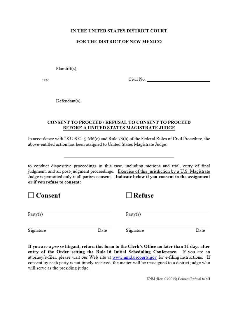 Consent To Proceed Or Refusal To Consent To Proceed  Before US Magistrate Judge | Pdf Fpdf Doc Docx | New Mexico