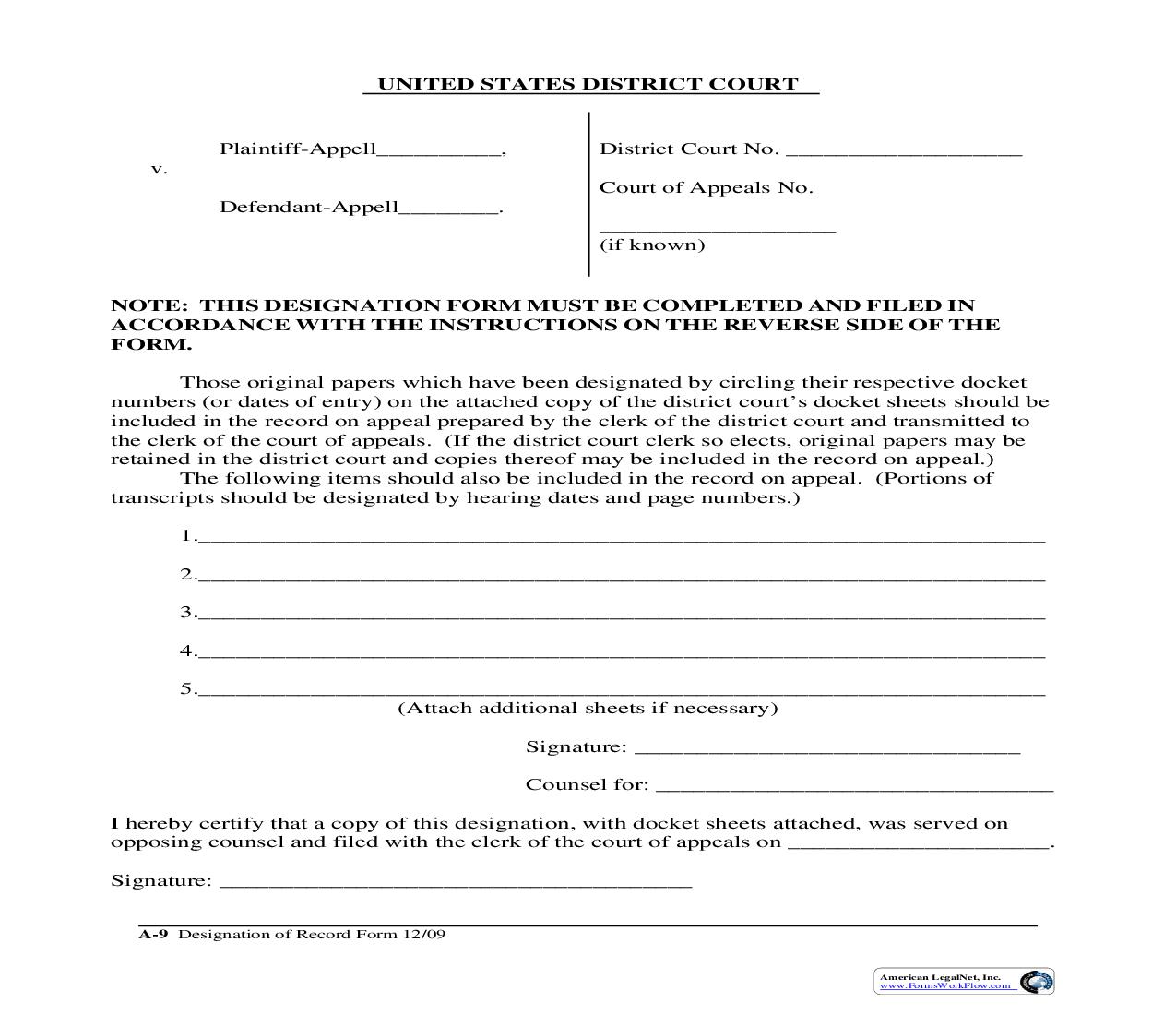 Designation Of Record (Appeals) {SF-A9} | Pdf Fpdf Doc Docx | New Mexico