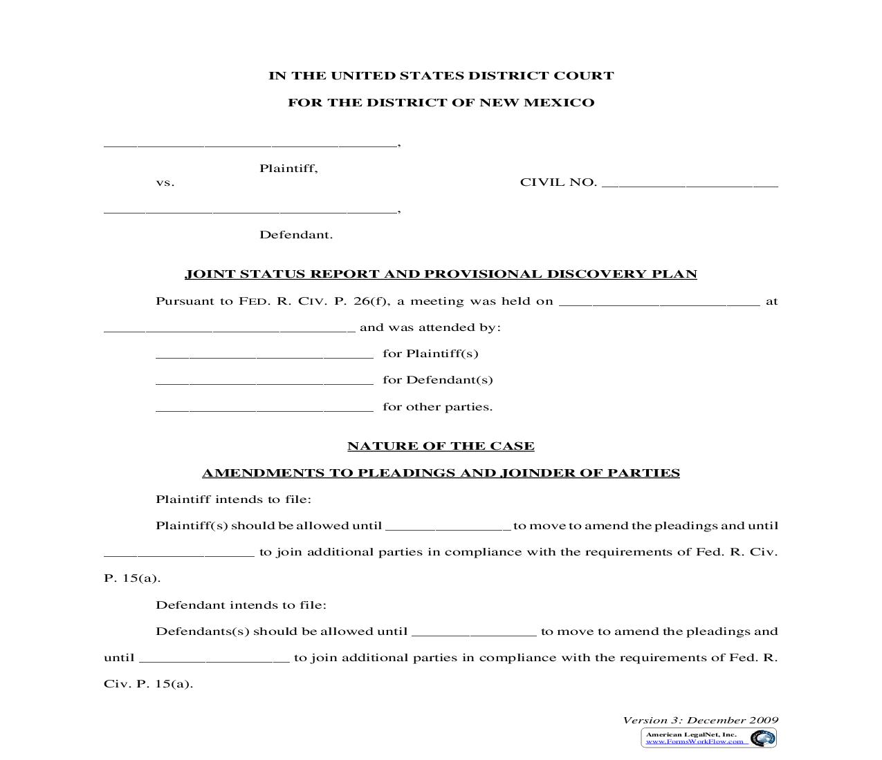 Joint Status Report And Provisional Discovery Plan | Pdf Fpdf Doc Docx | New Mexico