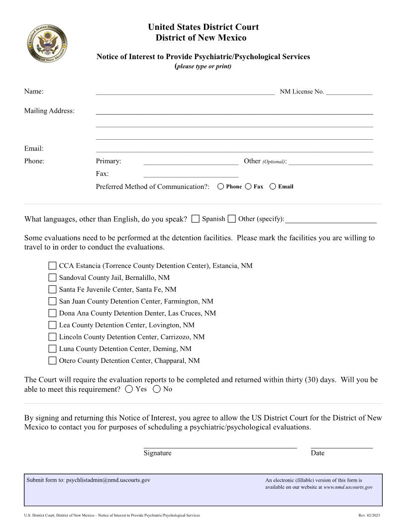 Notice Of Interest To Provide Psychiatric-Psychological Services | Pdf Fpdf Docx | New Mexico