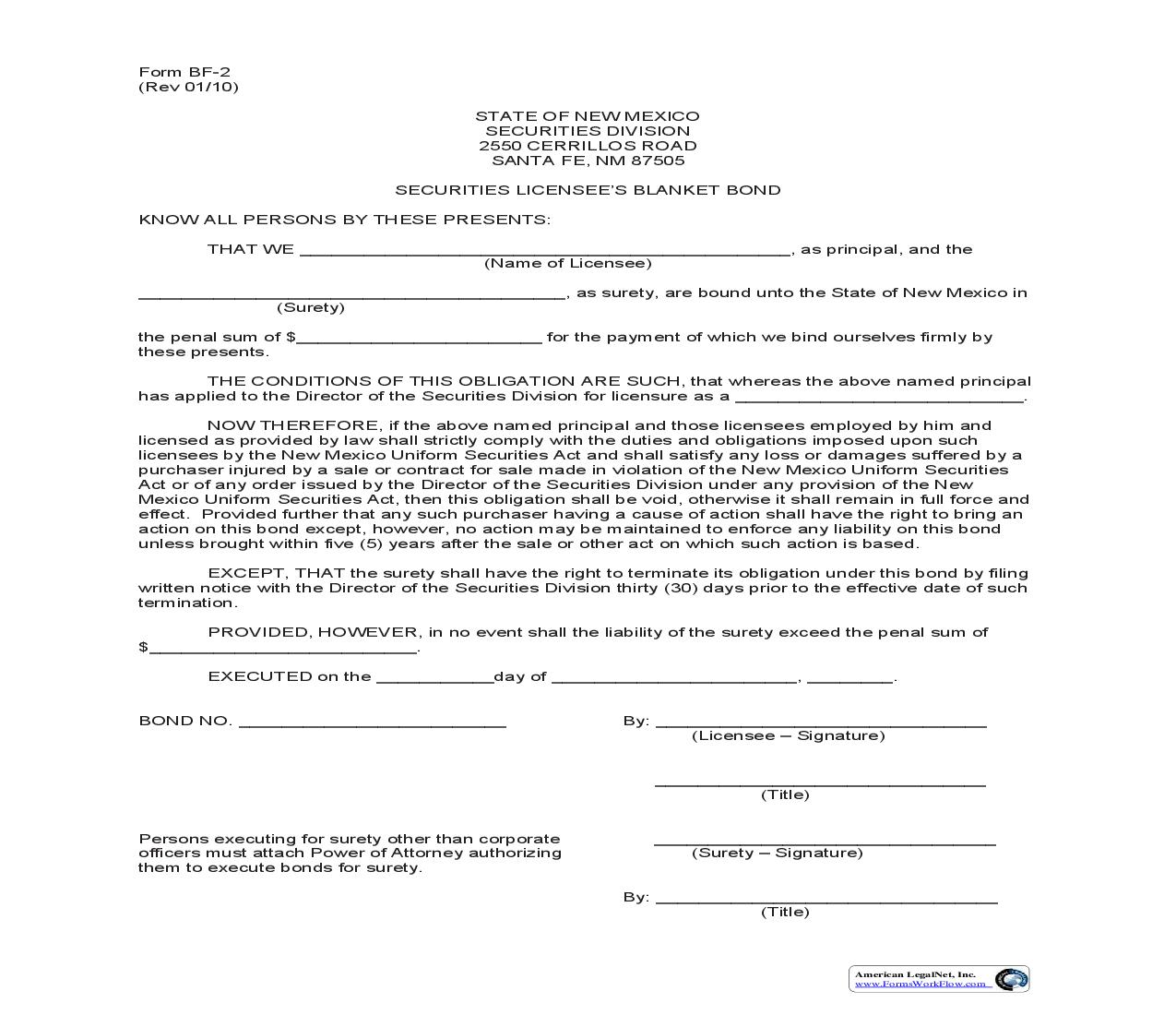 Securities Licensees Blanket Bond {BF-2} | Pdf Fpdf Doc Docx | New Mexico