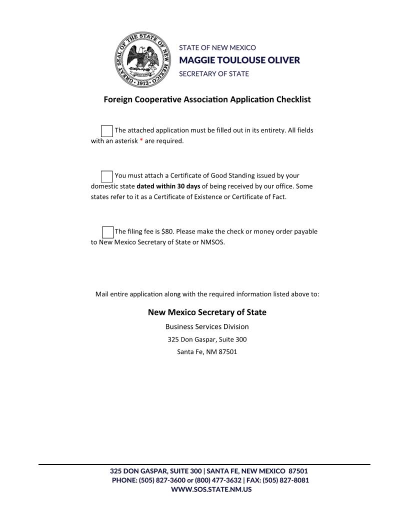 Application For Certificate Of Authority Foreign Co-op | Pdf Fpdf Docx | New Mexico