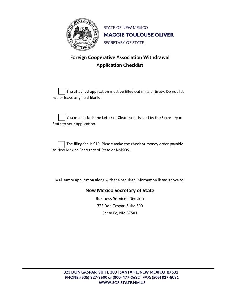Application For Certificate Of Withdrawal Foreign Co-op | Pdf Fpdf Docx | New Mexico