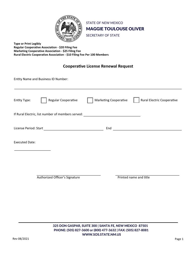 Cooperative License Renewal Request | Pdf Fpdf Docx | New Mexico