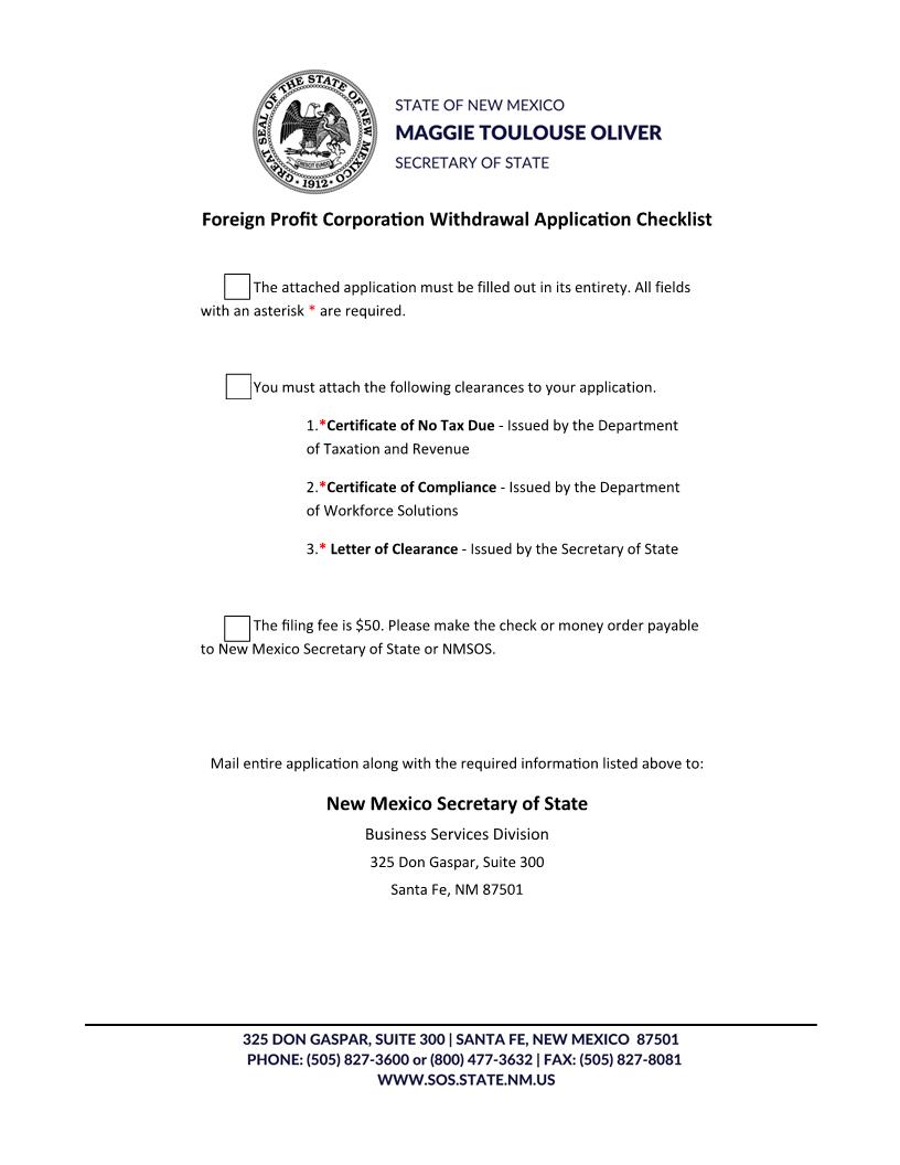 Application For Certificate Of Withdrawal Foreign Profit Corp | Pdf Fpdf Docx | New Mexico