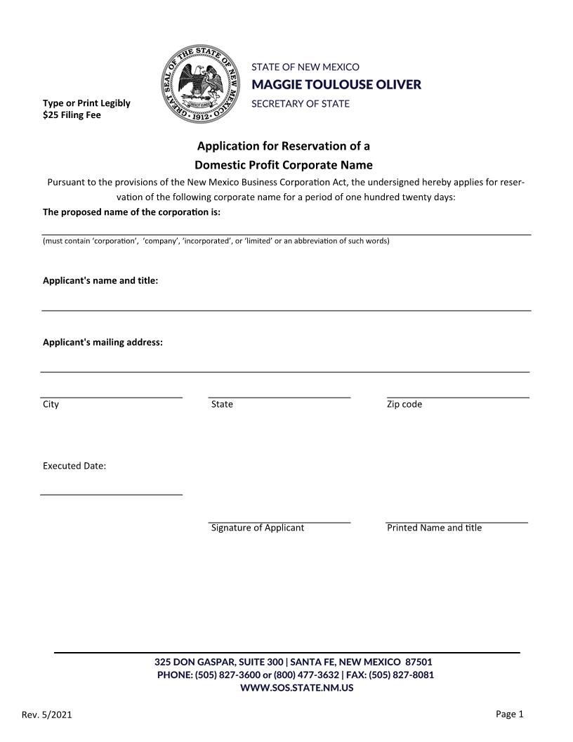 Application For Reservation Of Corporate Name | Pdf Fpdf Docx | New Mexico